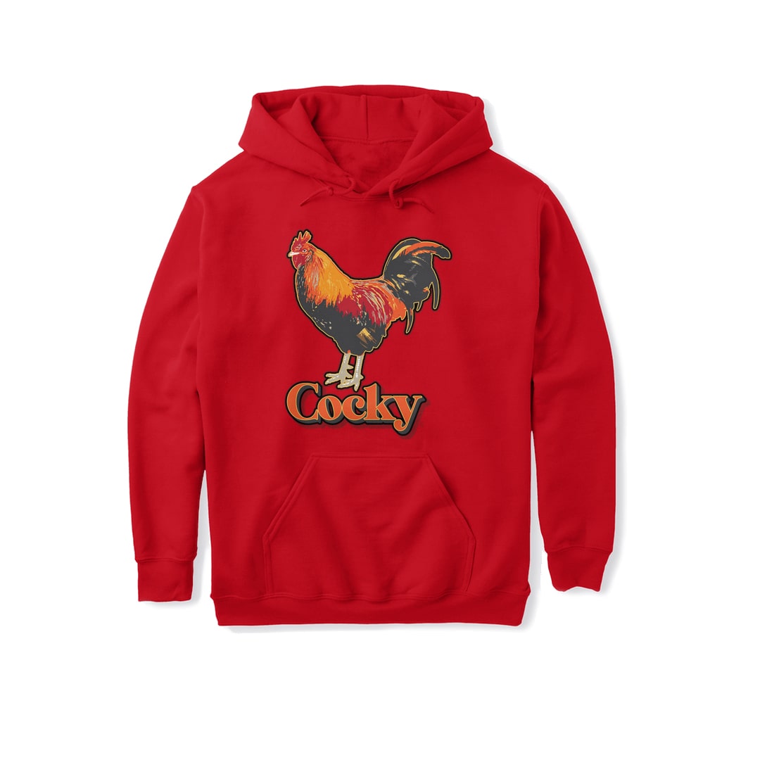 Fun Cocky Rooster on Red Hoodie Sweatshirt