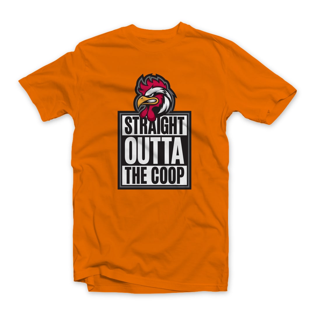 Chicken Straight Outta The Coop Rooster Tee Design on Orange Short Sleeve tee