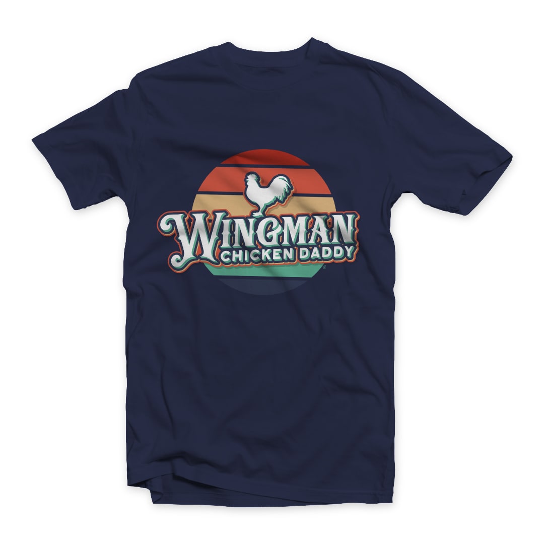 Retro Wingman Chicken Daddy T-shirt Design on Dark Blue Short Sleeve tee